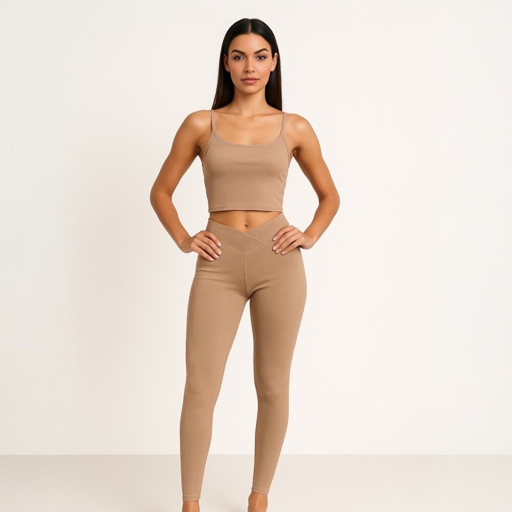 Year of Ours Tan Ribbed Knit Sleeveless Crop Tank Top Pants 2-Piece Set Size M